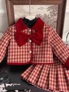 女童小香风红色格子，套装秋冬季儿童宝宝，洋气蝴蝶结外套短裙两件套