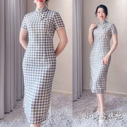 夏季黑白格子旗袍连衣裙修身民，国风日常复古改良中国风小个子高端