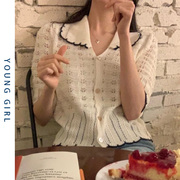 2021春秋韩版复古甜美钩花镂空白色娃娃领短袖针织上衣女短款