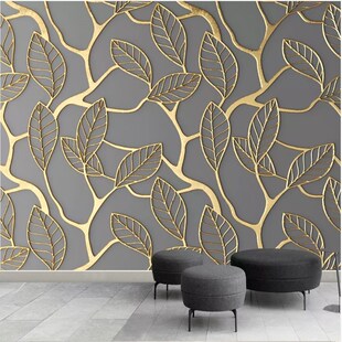 北欧简约典雅金色，立体墙纸叶子浮雕树叶壁纸，客厅电视背景个性墙布
