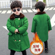 儿童军绿色大衣男童装女宝宝冬季加绒加厚外套小孩网红过年棉服