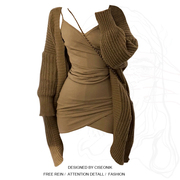 大码胖妹妹慵懒风棕色系针织毛衣外套+v领吊带连衣裙女秋季两件套