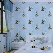 地中海蓝卡通帆船儿童房墙纸环保无纺布材质男孩卧室床背景壁纸