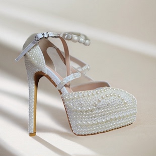 结婚婚鞋女白色珍珠鞋新娘，高跟鞋细跟防水台银色尖头礼服14cm