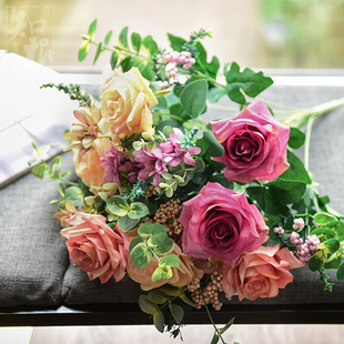 做旧假花玫瑰美式复古仿真花束客厅插花餐桌花艺摆设干花装饰花