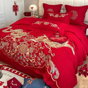 高档新婚庆四件套龙凤结婚大红色床单床笠被套喜被婚庆套件床上用