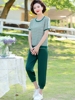 妈妈装夏季时尚套装2023年中年女休闲运动两件套薄款绿色短袖条纹
