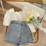 女童套装2024韩版儿童洋气蕾丝衬衫牛仔短裤女宝时髦两件套潮