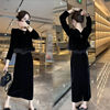 韩版小香风丝绒套装女秋季设计感羽毛上衣+高腰开叉半身裙两件套