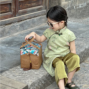 中国风24夏季女童碎花旗袍上衣复古小女孩丝绸款裤子两件套