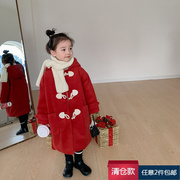 款女童红色喜庆毛呢子(毛呢子，)外套韩版儿童新年夹棉牛角扣大衣