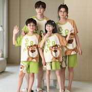 亲子睡衣一家三口装夏季纯棉短袖母子母女全家庭，卡通套装恐龙薄款