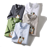 外贸日单 夏季男士天然棉麻透气素色休闲衬衫 纯色短袖亚麻衬衣潮