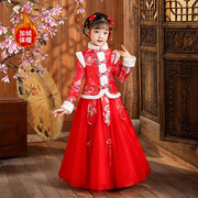 女童春节拜年服装两件套装，大红色中国风汉服，旗袍喜庆网纱裙子加绒