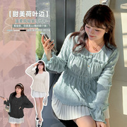 大码女装春季韩版胖妹mm设计感小众荷叶袖，衬衫上衣雪纺长袖t