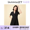 iammix27短袖连衣裙女个性不对称层次，感压褶时尚黑色，西装领a字裙