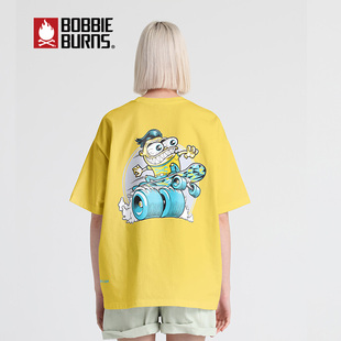 Bobbieburns大码美式T恤男女夏季宽松黄色纯棉时尚百搭长款短袖裙