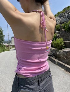 uniquesei韩版简约性感，可爱显瘦粉色挂脖绑带，串珠吊带背心上衣
