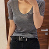 韩国大圆领短袖T恤女休闲打底衫宽松显瘦U领低领性感舒适纯色上衣