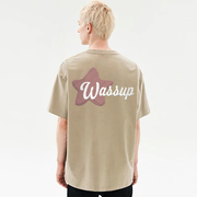 WASSUP潮牌卡其色纯棉短袖t恤美式复古时尚宽松百搭体恤衫潮