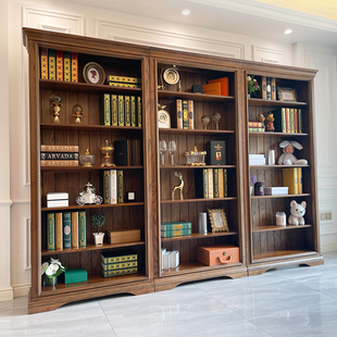 全实木书柜简约欧式橡木整墙书架，组合原木落地书橱客厅美式书柜