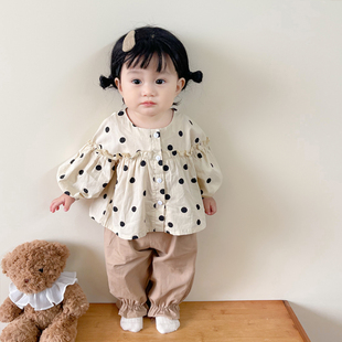 ins韩版春季婴幼儿圆点印花长袖衬衫，上衣+休闲长裤女宝宝2件套装