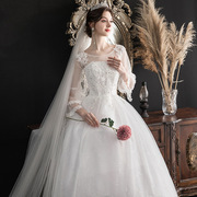 婚纱2023一字肩中袖韩式新娘，结婚纱齐地大，码孕妇显瘦婚纱
