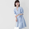 日系V领条纹连衣裙女 夏季2021轻熟风法式气质高腰衬衫裙