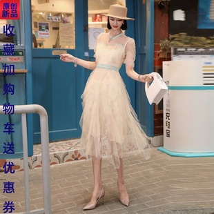 法式复古轻奢优雅气质高级甜美仙女米色中长裙蕾丝刺绣蓬蓬连衣裙
