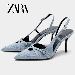 Z女鞋2024春夏蓝色牛仔布包头法式细跟时装穆勒鞋高跟凉鞋女