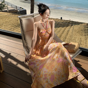法式印花雪纺长裙高级感三亚海边度假沙滩裙绝美仙女裙露背挂脖裙