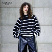 MASHAMA SELECT2023冬季女士欧美圆领羊毛海军条纹针织衫毛衣