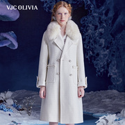 vjcolivia2023秋冬米白格纹毛领大衣，小香风中长款外套女装
