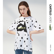 鳄鱼白色圆领T恤女夏季薄款2024纯棉大码设计感波点宽松短袖T