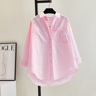 粉色棉衬衫女长袖韩版春季小清新单口袋宽松休闲衬衣叠穿开衫上衣