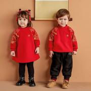 2023兔年两岁女宝宝新年红色拜年服冬季男宝唐装男童过年儿童卫衣