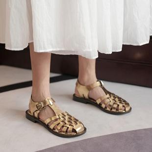 夏季韩系女鞋40-43大码通勤牛皮英伦编织脚宽胖平跟复古凉鞋