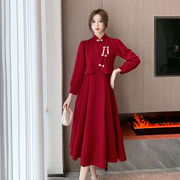 新中式旗袍敬酒服新娘红色两件套长袖连衣裙套装订婚礼服YM926