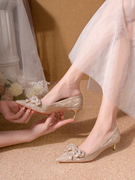 新娘主婚纱婚礼鞋不累脚法式香金色水晶高跟鞋女低跟伴娘礼服单鞋
