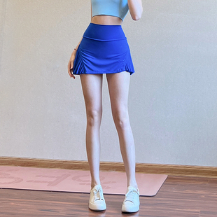 欧美运动半身裙女防走光跑步网球，健身短裙高腰速干宝蓝色瑜伽裙裤
