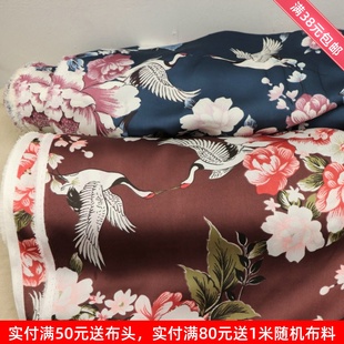 中国风朱砂红藏蓝牡丹仙鹤，雪纺缎布料，古风连衣裙子旗袍汉服装设计