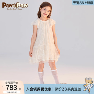 pawinpaw卡通小熊童装，2024年夏季女童蕾，丝网纱公主连衣裙甜美