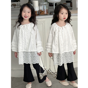 童装女童白色长袖衬衫，2024春季儿童，设计感宽松上衣