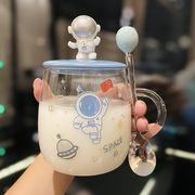 宇航员系列耐热高硼硅玻璃水杯，带盖勺把手可加热家用早餐杯燕麦杯