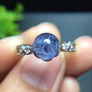 紫发晶戒指925银镶嵌老矿天然水晶胶花戒指，蓝发晶戒指男女圈可调