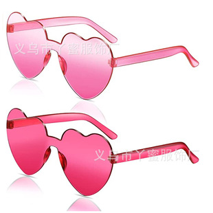 桃心太阳镜果冻色无框心型连体，眼镜欧美糖果色，夏威夷沙滩眼镜