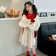 女童套装毛线马甲棉布裙子2024春秋儿童红色背心连衣裙两件套