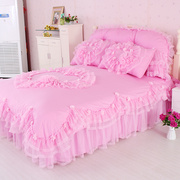 韩版公主风全棉蕾丝花边床上用品粉色四件套纯棉1.8m2.0m床裙被罩