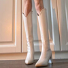 高筒靴v口白色骑士靴，2023秋冬尖头，高跟小个子粗跟显瘦长靴女