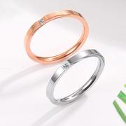 日韩版极细款一粒单钻戒指 玫瑰金微镶钻石情侣对戒女款钛钢戒指